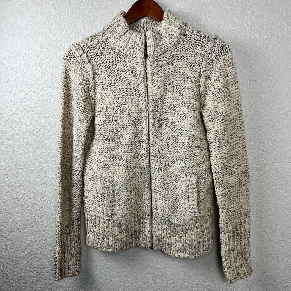 Loft Womens Chunky Knit Wool Blend White Neutral Capsule Cozy Full Zip Sweater S